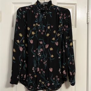 Ann Taylor Black Floral Blouse Size Small Long Sleeves